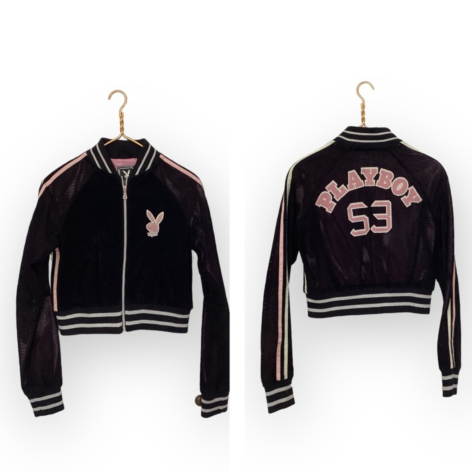Y2k Playboy 100% Genuine Leather Pink Black Perforated Moto Zip Jacket M